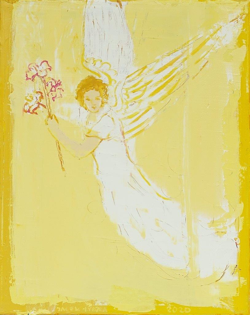 Jacek Łydżba - Angel with a lily (Oil on Canvas | Size: 46 x 56 cm | Price: 3600 PLN)