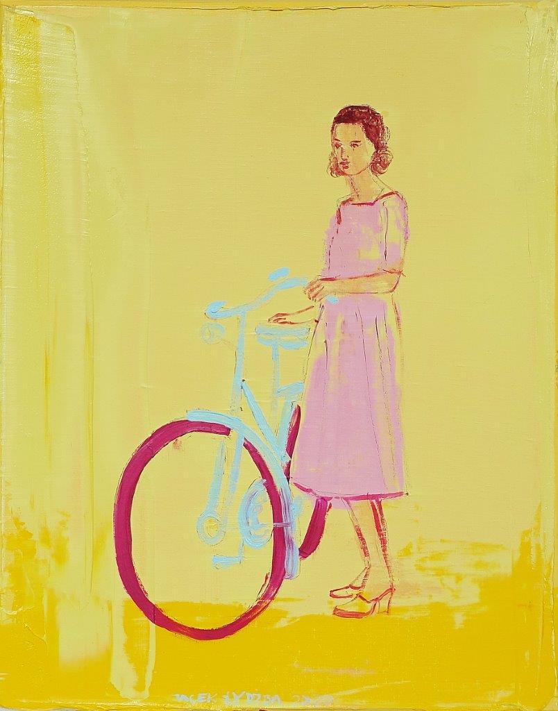 Jacek Łydżba - Cyclist in a pink dress (Oil on Canvas | Size: 46 x 56 cm | Price: 4000 PLN)