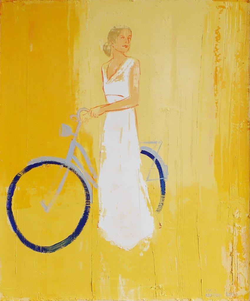 Jacek Łydżba - Cyclist in a white dress (Oil on Canvas | Size: 108 x 128 cm | Price: 8000 PLN)