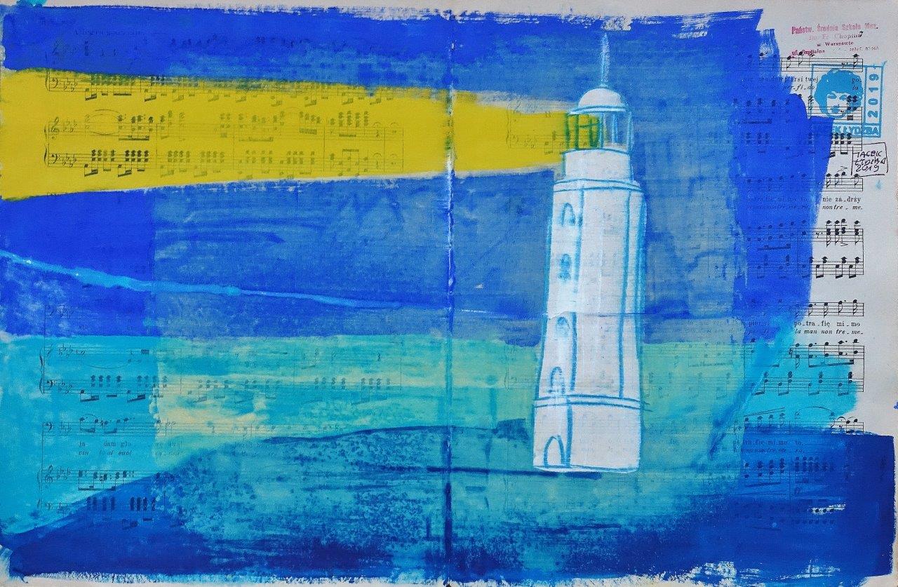 Jacek Łydżba - Lighthouse (Tempera on old music sheet | Size: 66 x 50 cm | Price: 1800 PLN)