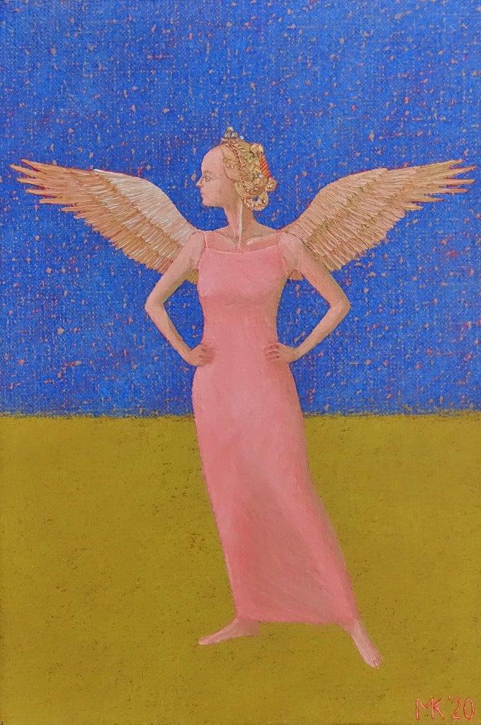 Mikołaj Kasprzyk - Angel on a blue background (Oil on Canvas | Wymiary: 24 x 33 cm | Cena: 1900 PLN)