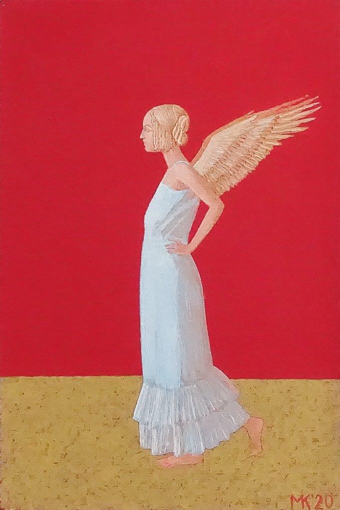 Mikołaj Kasprzyk - Angel on a red background (Oil on Canvas | Size: 24 x 33 cm | Price: 1900 PLN)