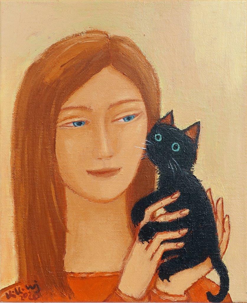 Krzysztof Kokoryn - Girl with a kitten (Oil on Canvas | Wymiary: 26 x 30 cm | Cena: 2500 PLN)