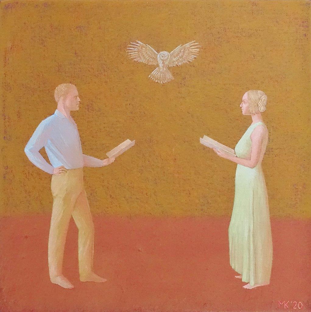 Mikołaj Kasprzyk - A duo with an owl (Oil on Canvas | Wymiary: 36 x 36 cm | Cena: 2500 PLN)