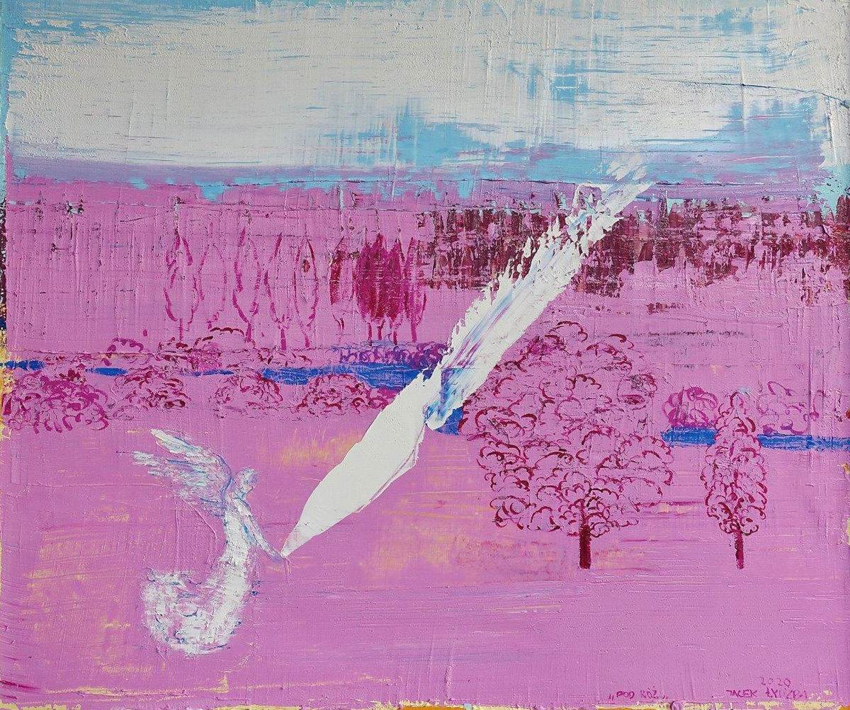 Jacek Łydżba - Pink landscape with an angel (Oil on Canvas | Size: 128 x 108 cm | Price: 8000 PLN)