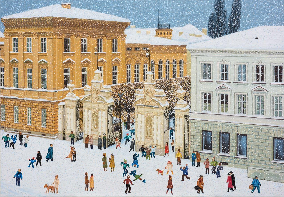 Krzysztof Kokoryn - University gate in winter (Oil on Canvas | Wymiary: 108 x 78 cm | Cena: 15000 PLN)