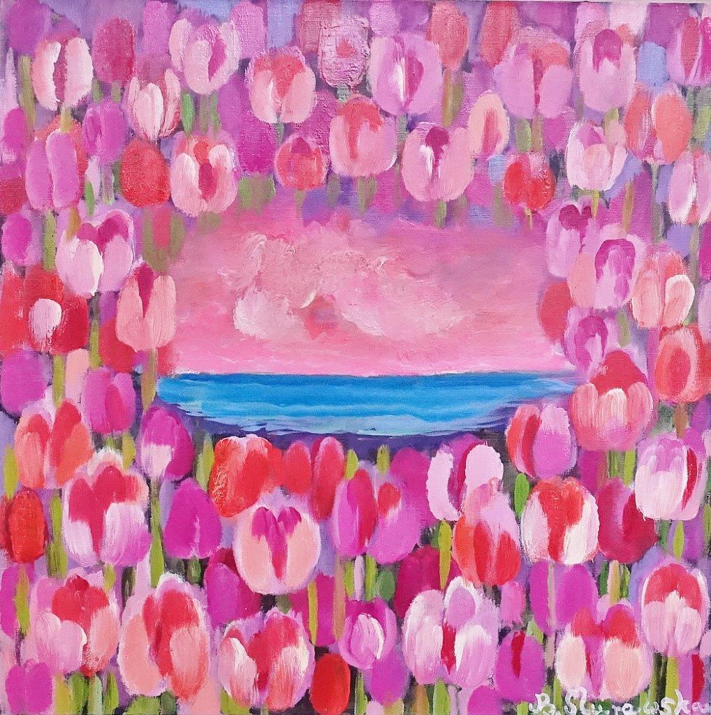 Beata Murawska - Lake among tulips (Oil on Canvas | Wymiary: 66 x 66 cm | Cena: 4000 PLN)