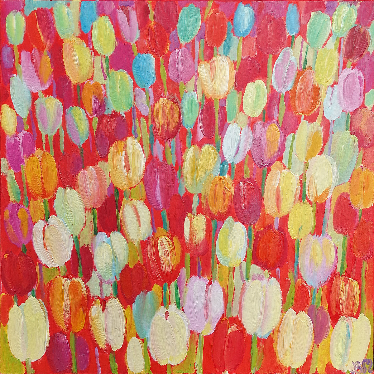 Beata Murawska - Spring field of tulips (Oil on Canvas | Wymiary: 76 x 76 cm | Cena: 5500 PLN)