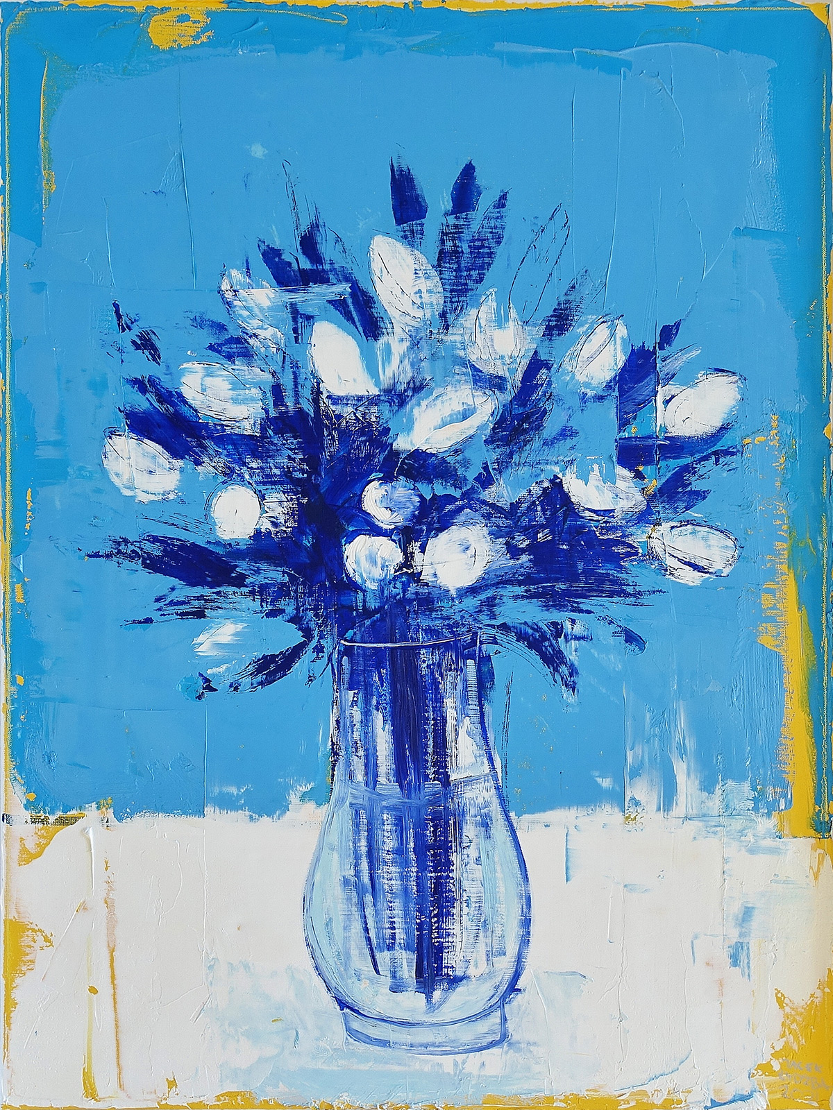 Jacek Łydżba - Flowers in a vase on a blue background (Oil on Canvas | Size: 66 x 86 cm | Price: 5500 PLN)