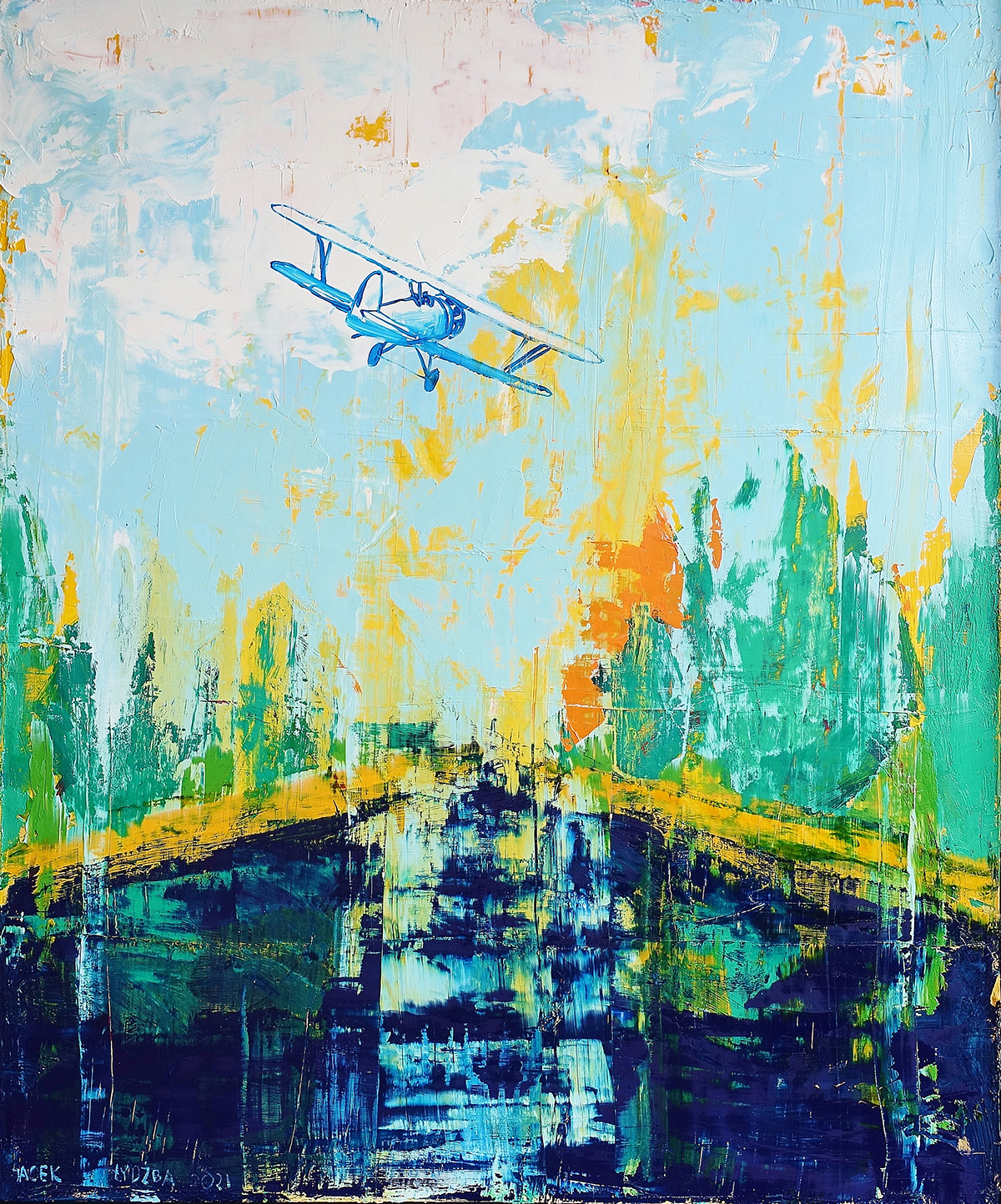 Jacek Łydżba - Plane over the river (Oil on Canvas | Size: 106 x 126 cm | Price: 8000 PLN)
