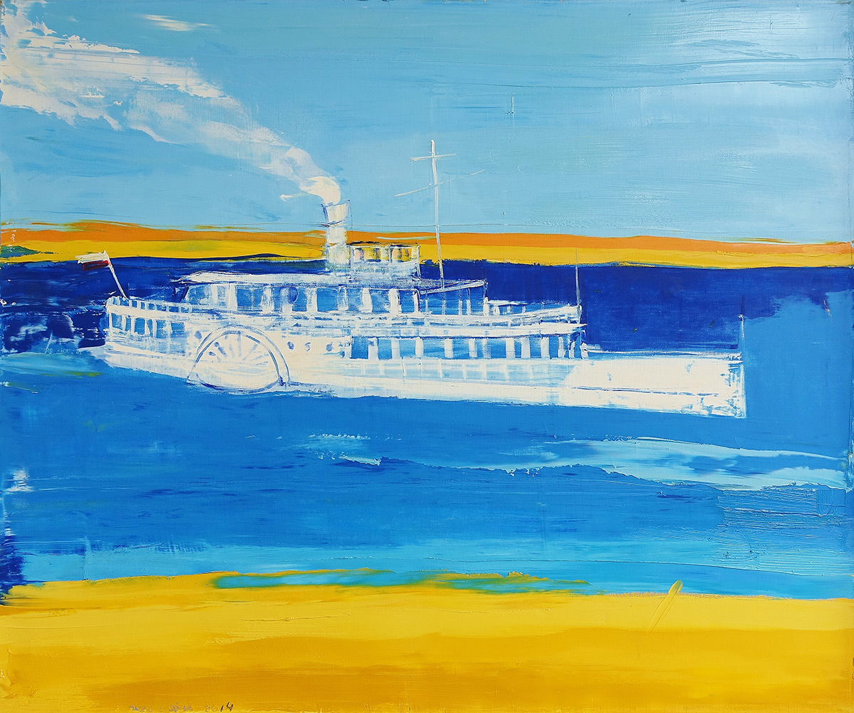 Jacek Łydżba - Steamboat on the river (Oil on Canvas | Wymiary: 126 x 106 cm | Cena: 9000 PLN)