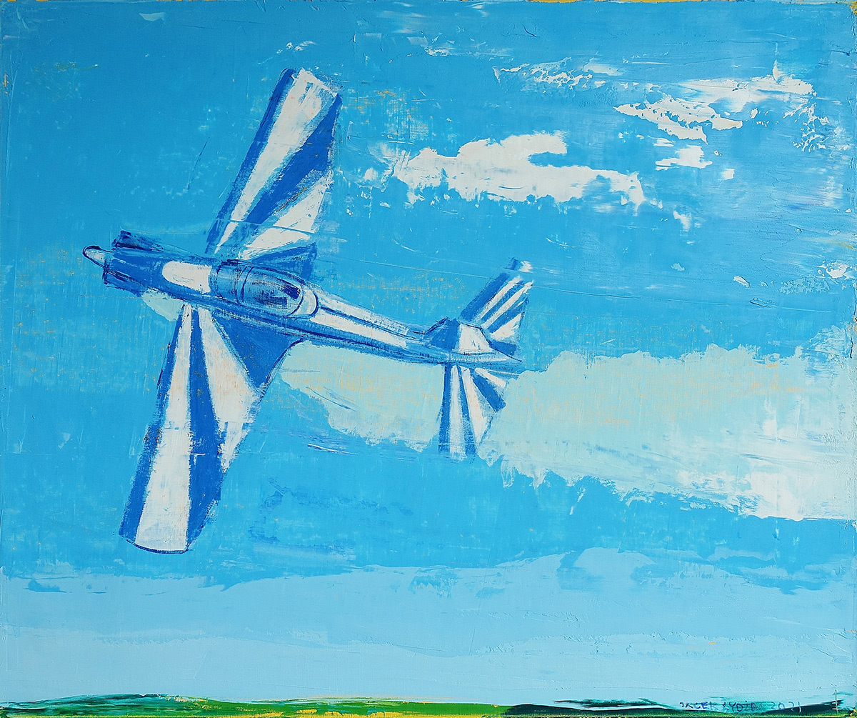 Jacek Łydżba - White aerobatic plane (Oil on Canvas | Size: 126 x 106 cm | Price: 7500 PLN)