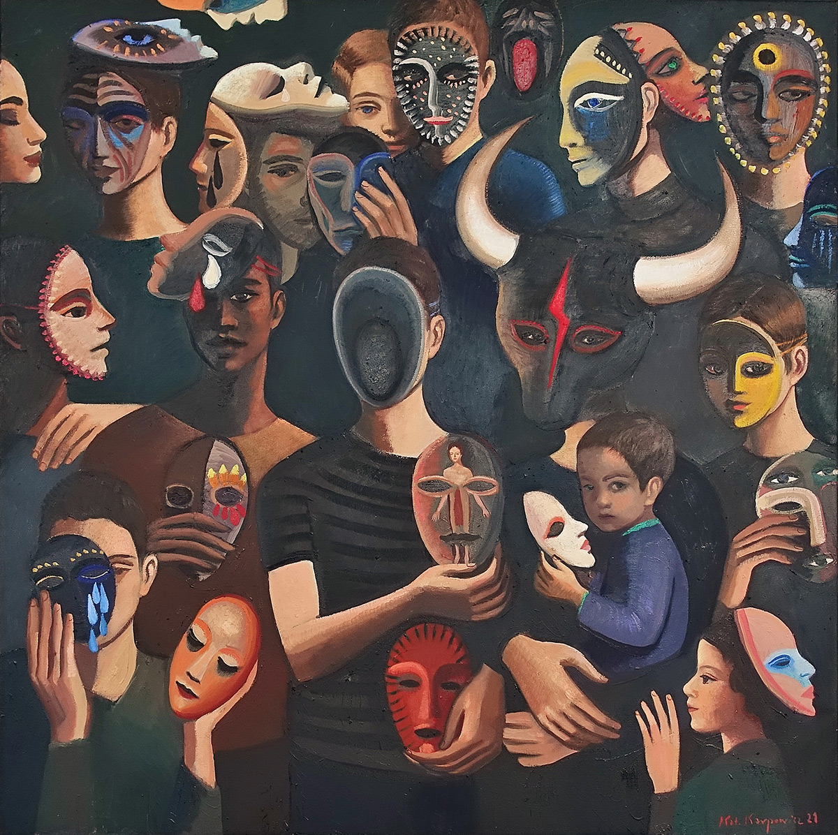 Katarzyna Karpowicz - Men and masks I (Oil on Canvas | Size: 116 x 116 cm | Price: 25000 PLN)