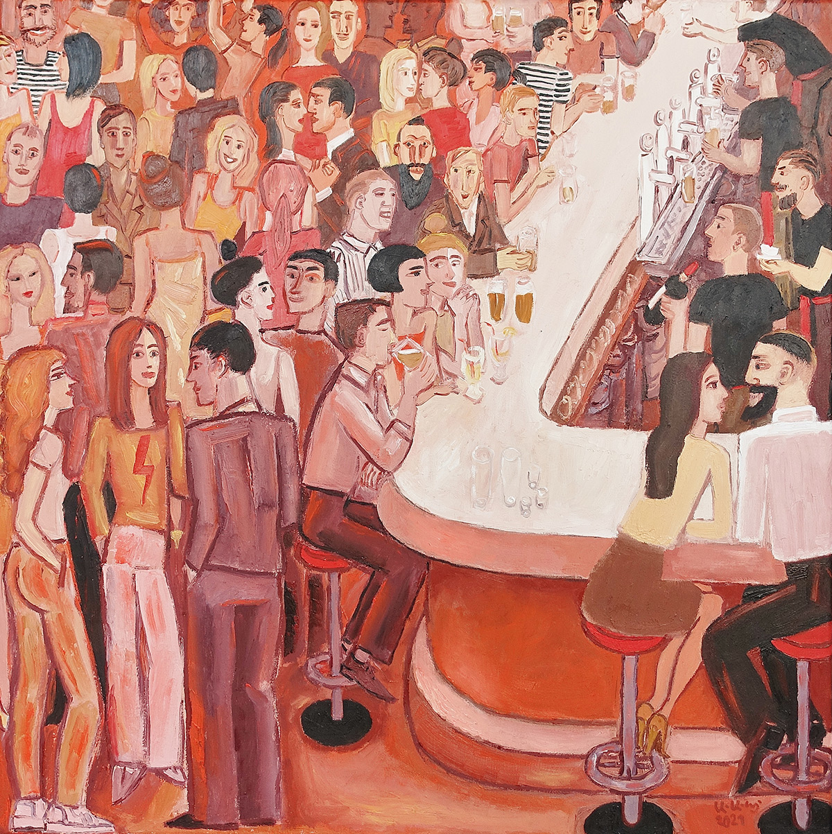 Krzysztof Kokoryn - In the bar (Oil on Canvas | Größe: 76 x 76 cm | Preis: 8500 PLN)
