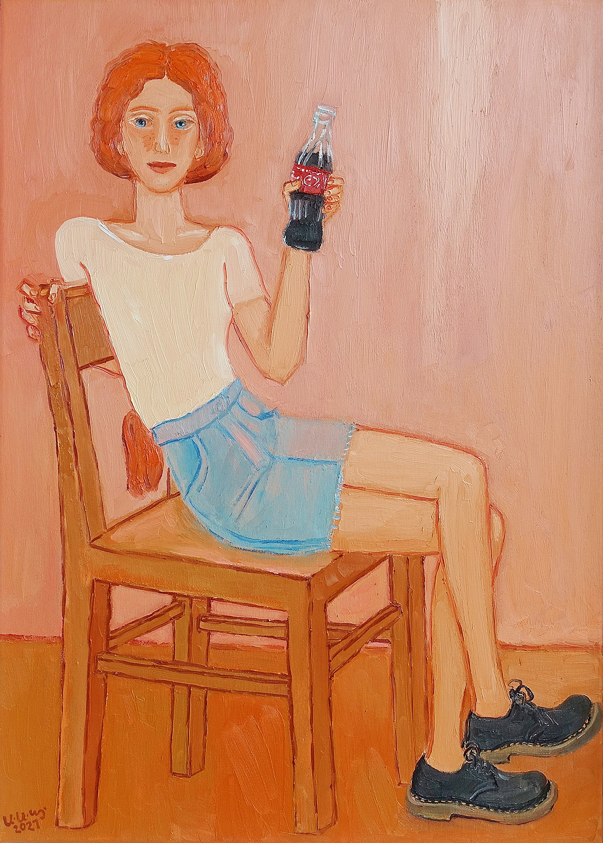 Krzysztof Kokoryn - Redhead with a bottle of Coca Cola (Oil on Canvas | Wymiary: 58 x 78 cm | Cena: 8500 PLN)