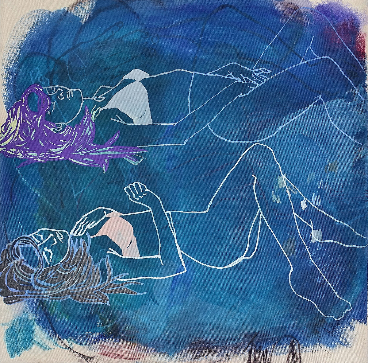Agnieszka Sandomierz - Relax for two in blue (Tempera on canvas | Wymiary: 56 x 56 cm | Cena: 4500 PLN)