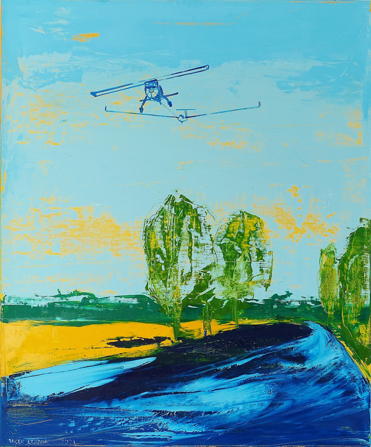 Jacek Łydżba - Landscape with glider towing (Oil on Canvas | Size: 106 x 126 cm | Price: 8000 PLN)