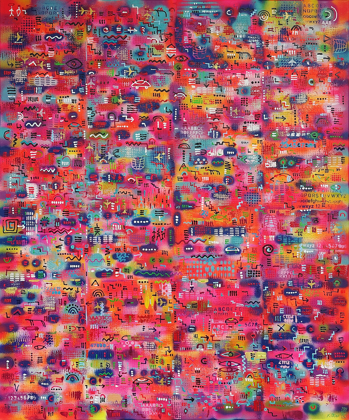 Krzysztof Pająk - Codes on red (Oil on Canvas | Wymiary: 108 x 128 cm | Cena: 8000 PLN)