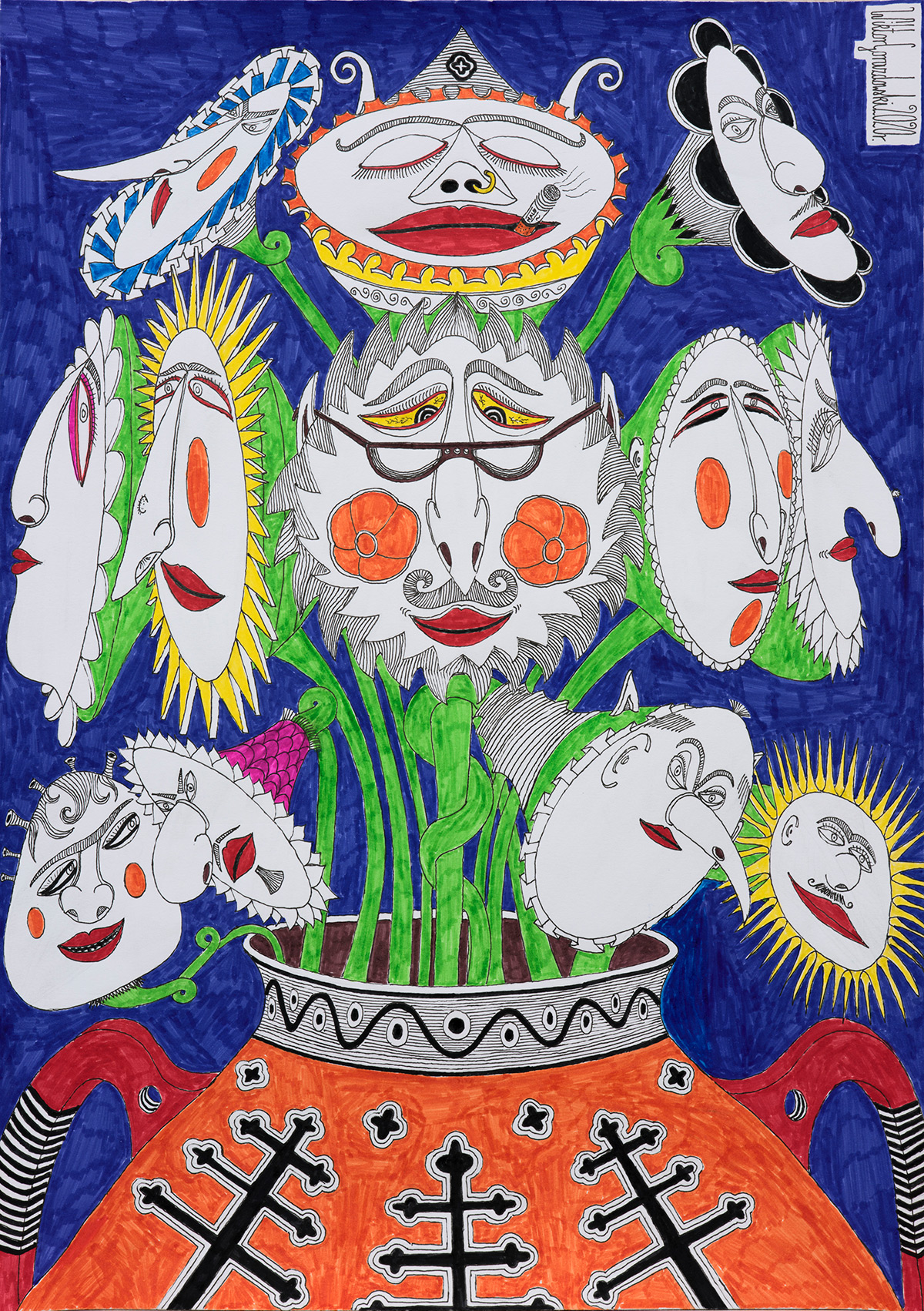 Wiktor Gorazdowski - Dzieci kwiaty Flower Children (Fineliner and marker on paper | Wymiary: 30 x 42 cm | Cena: 900 PLN)