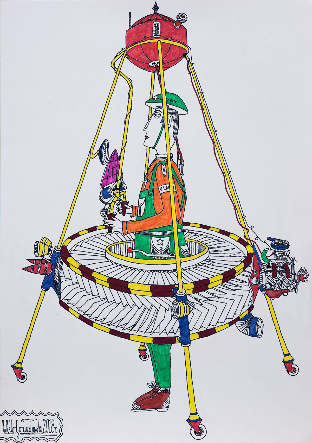 Wiktor Gorazdowski - Indywidualny zestaw latający Individual Flying Set (Fineliner and marker on paper | Wymiary: 30 x 42 cm | Cena: 900 PLN)