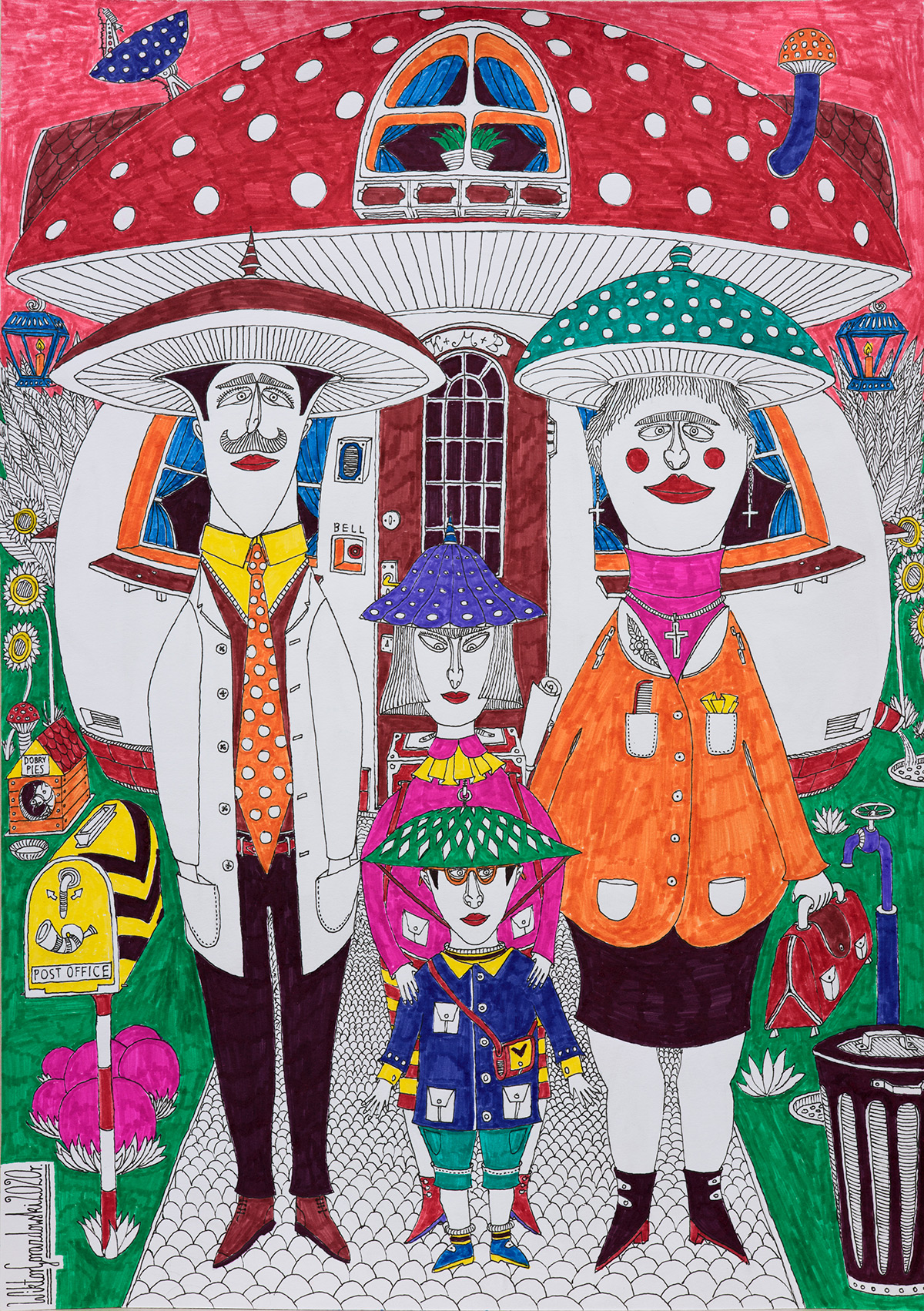 Wiktor Gorazdowski - Rodzina Kapeluszników The Hatter Family (Fineliner and marker on paper | Size: 30 x 42 cm | Price: 900 PLN)