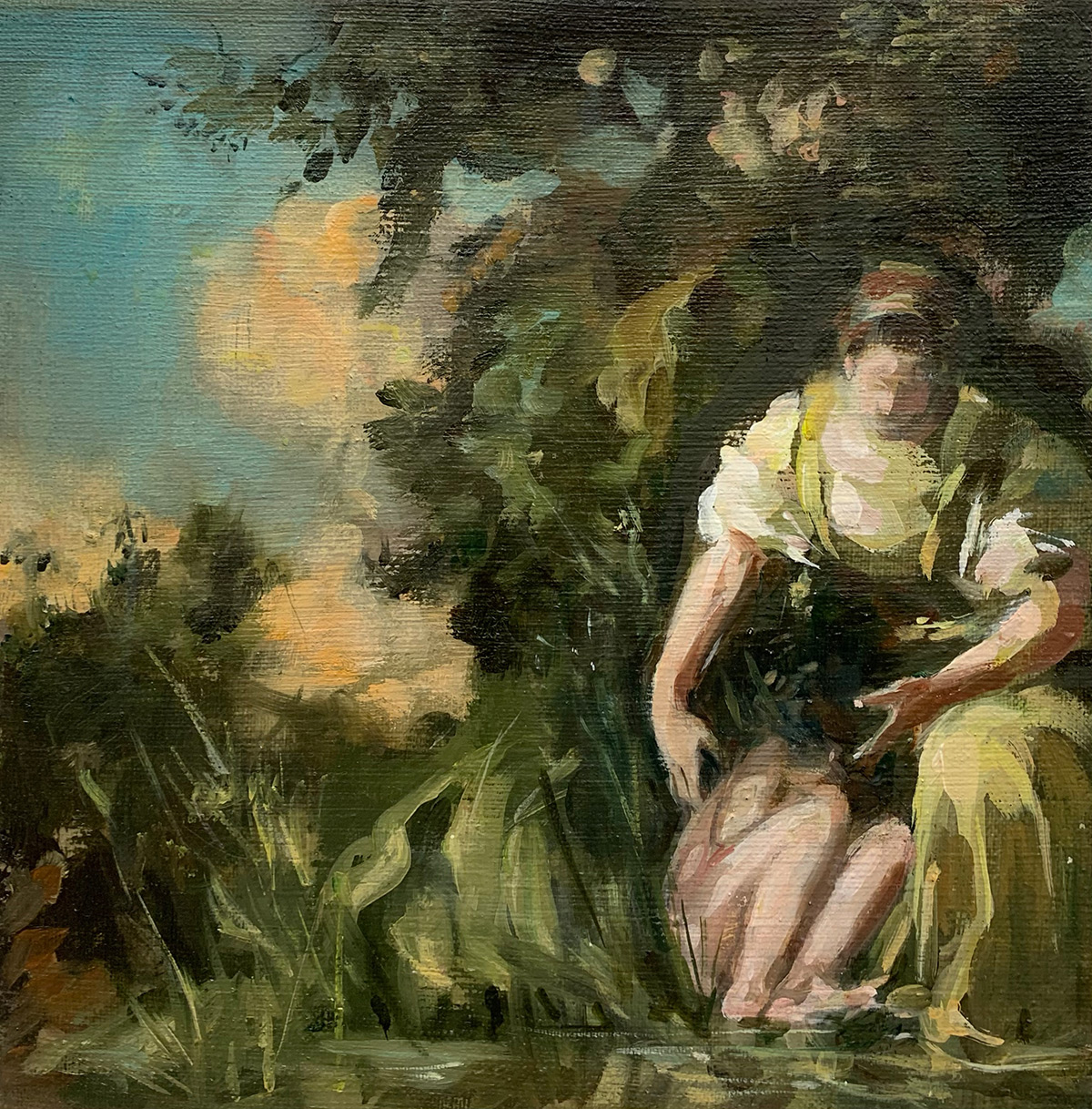 Julia Medyńska - Bathing the Boy (Oil on Canvas | Size: 31.5 x 31.5 cm | Price: 4500 PLN)
