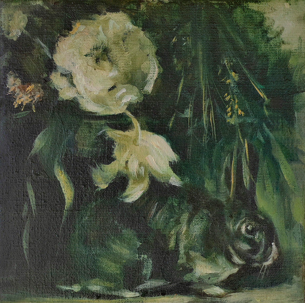 Julia Medyńska - Rabbit with flower (Oil on Canvas | Wymiary: 31 x 31 cm | Cena: 4000 PLN)