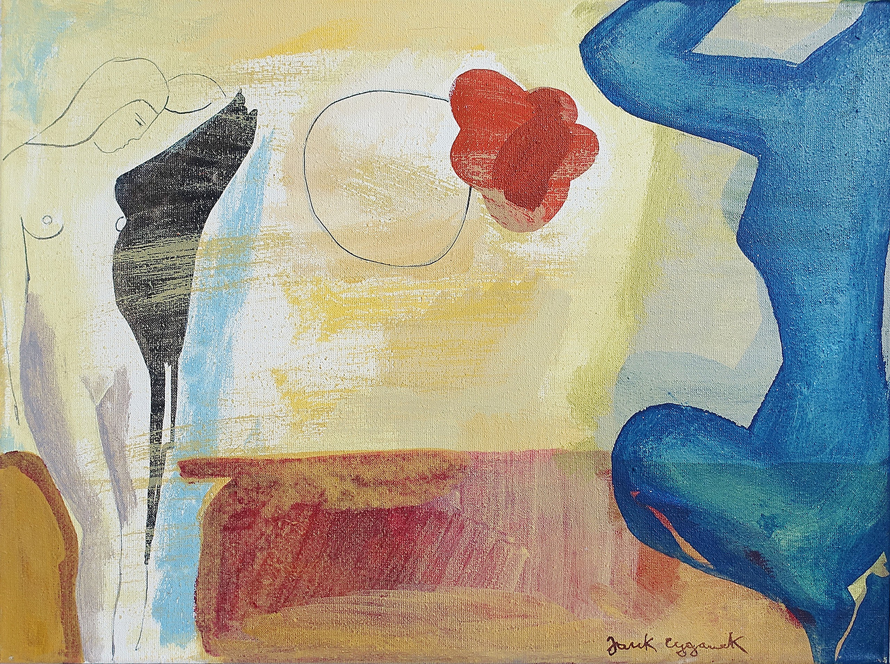 Jacek Cyganek - A red cloud between us (Tempera on canvas | Größe: 48 x 38 cm | Preis: 1800 PLN)