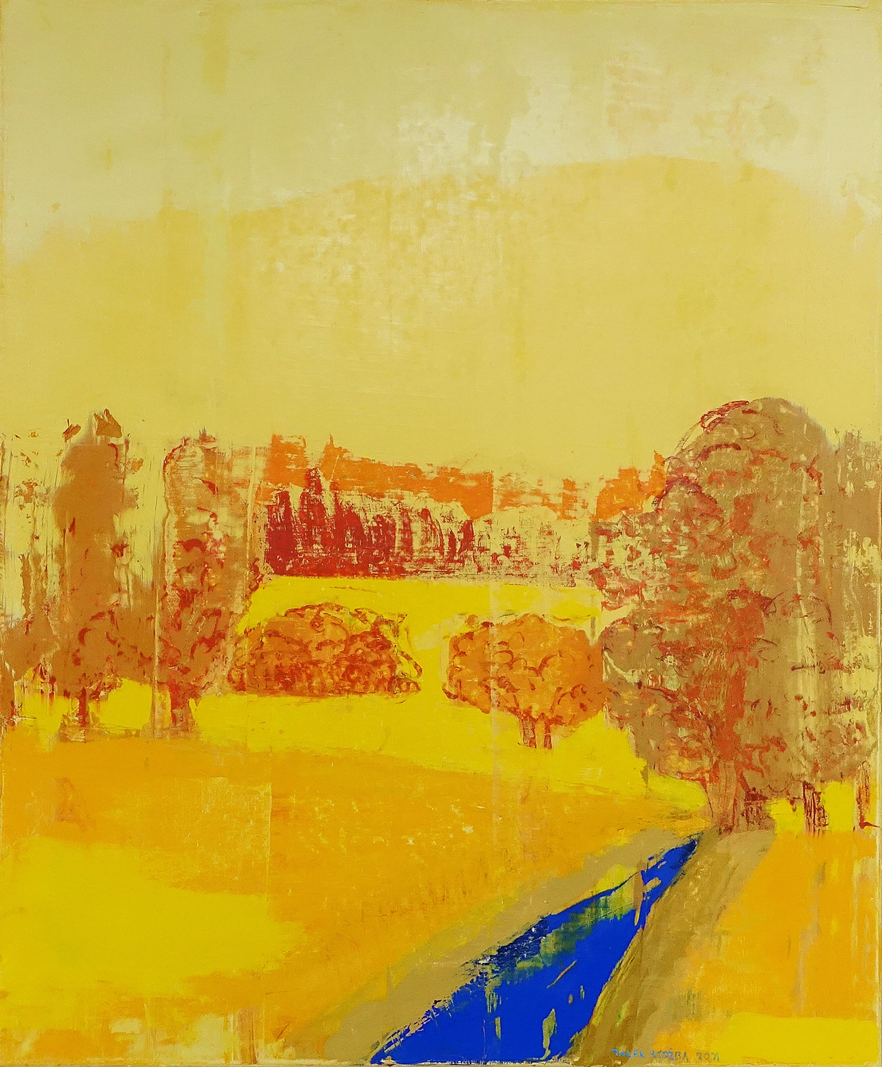 Jacek Łydżba - Yellow landscape with a blue stream (Oil on Canvas | Size: 106 x 126 cm | Price: 8000 PLN)