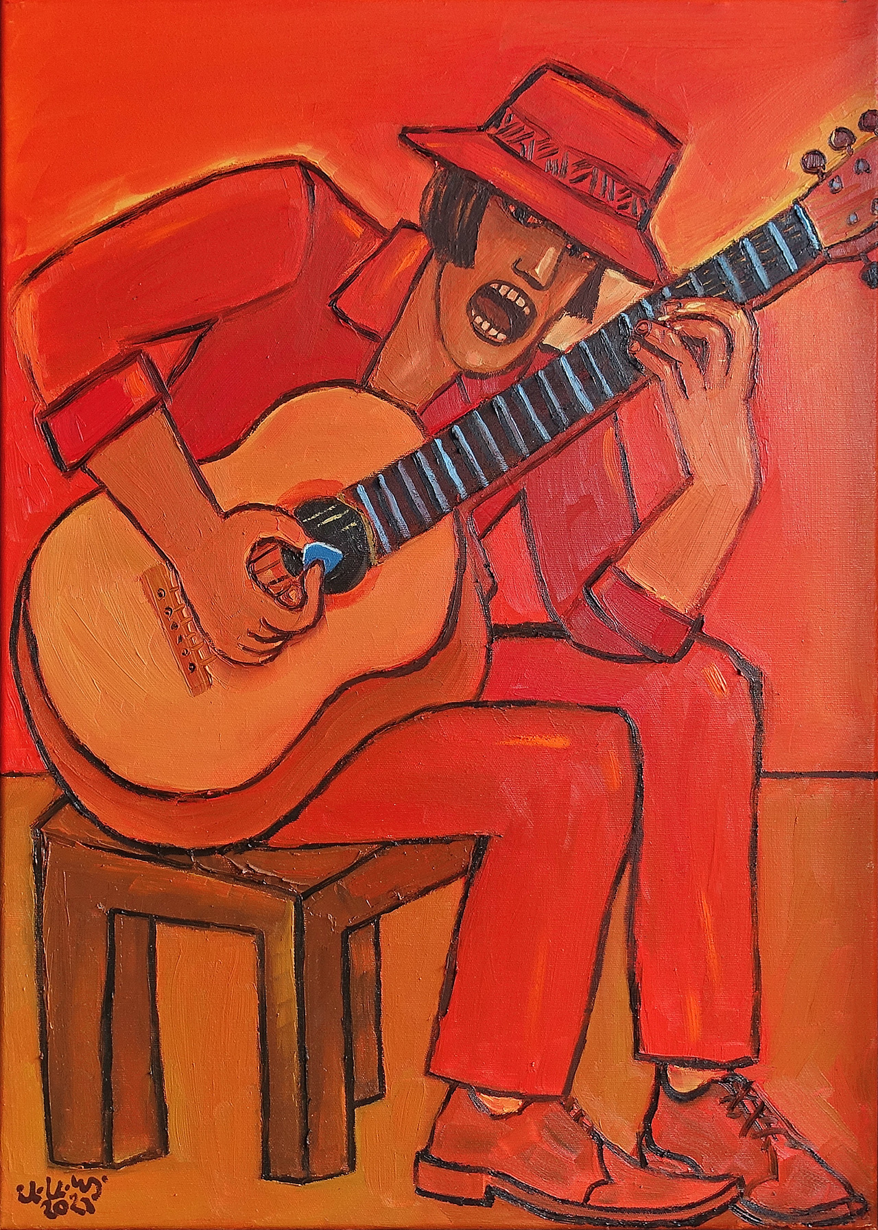 Krzysztof Kokoryn - Red guitarist (Oil on Canvas | Wymiary: 56 x 76 cm | Cena: 5500 PLN)
