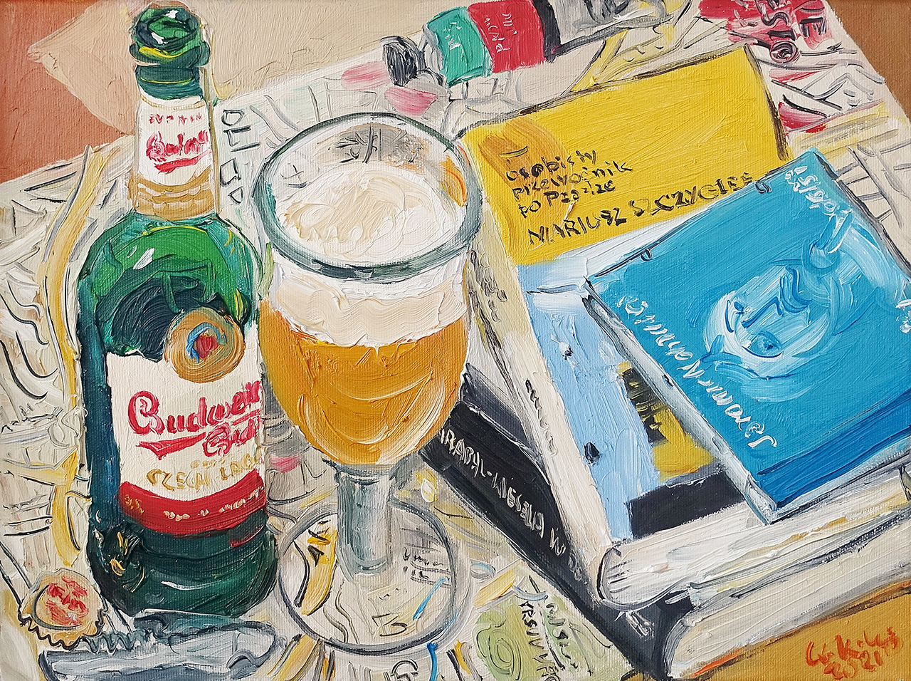 Krzysztof Kokoryn - Still life with Budweiser and books (Oil on Canvas | Größe: 48 x 38 cm | Preis: 3500 PLN)