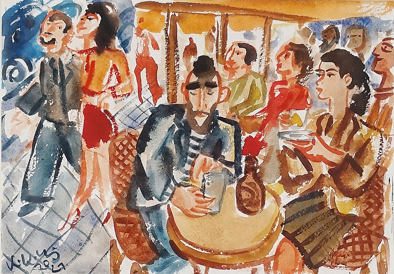 Krzysztof Kokoryn - Coffee in the street 2 (Tempera on paper | Größe: 48 x 40 cm | Preis: 2600 PLN)