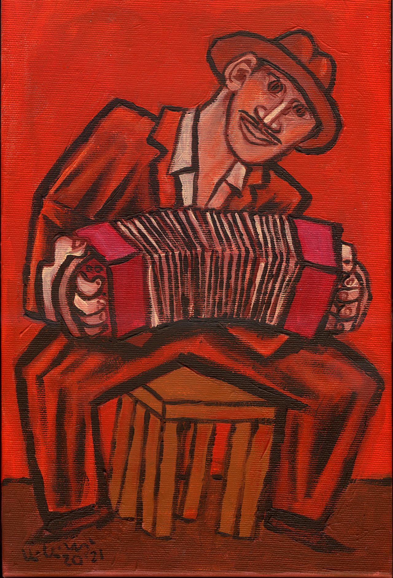 Krzysztof Kokoryn - Red bandeonist (Acrylic on canvas | Wymiary: 20 x 30 cm | Cena: 3500 PLN)