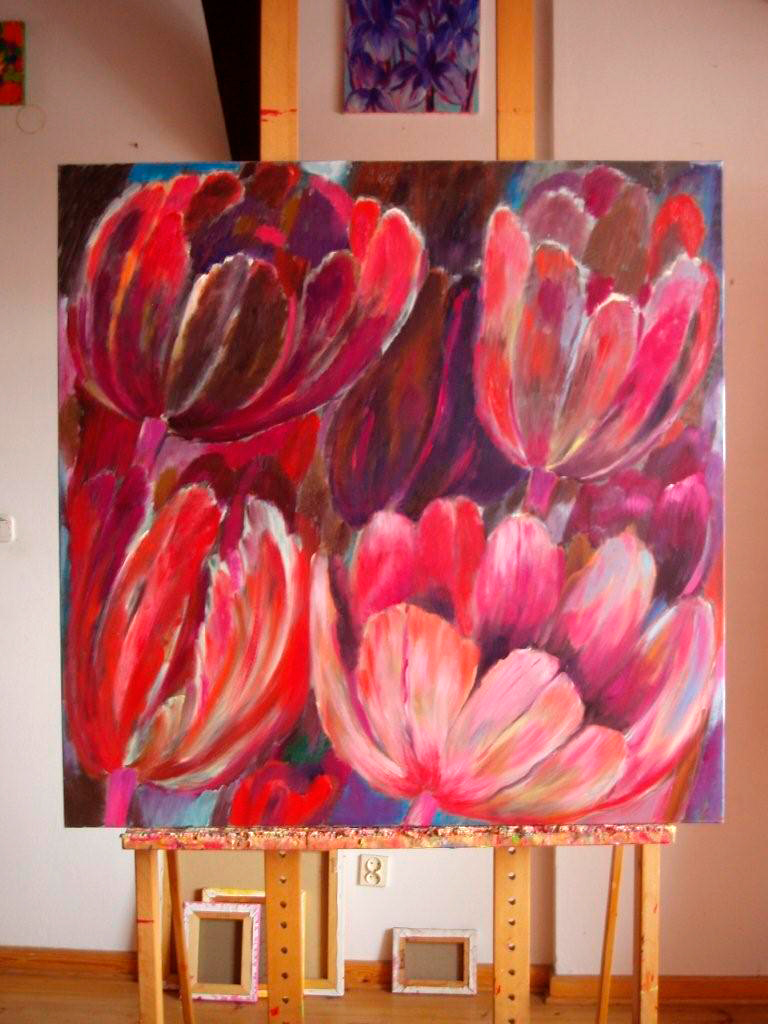 Beata Murawska - Dark tulips (Oil on Canvas | Wymiary: 120 x 120 cm | Cena: 6000 PLN)