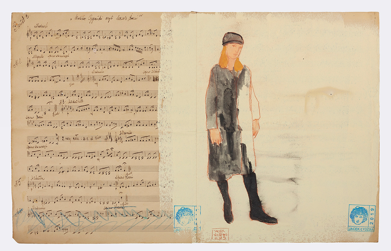 Jacek Łydżba - Artist in the studio (Tempera on old music sheet | Size: 77 x 57 cm | Price: 2500 PLN)