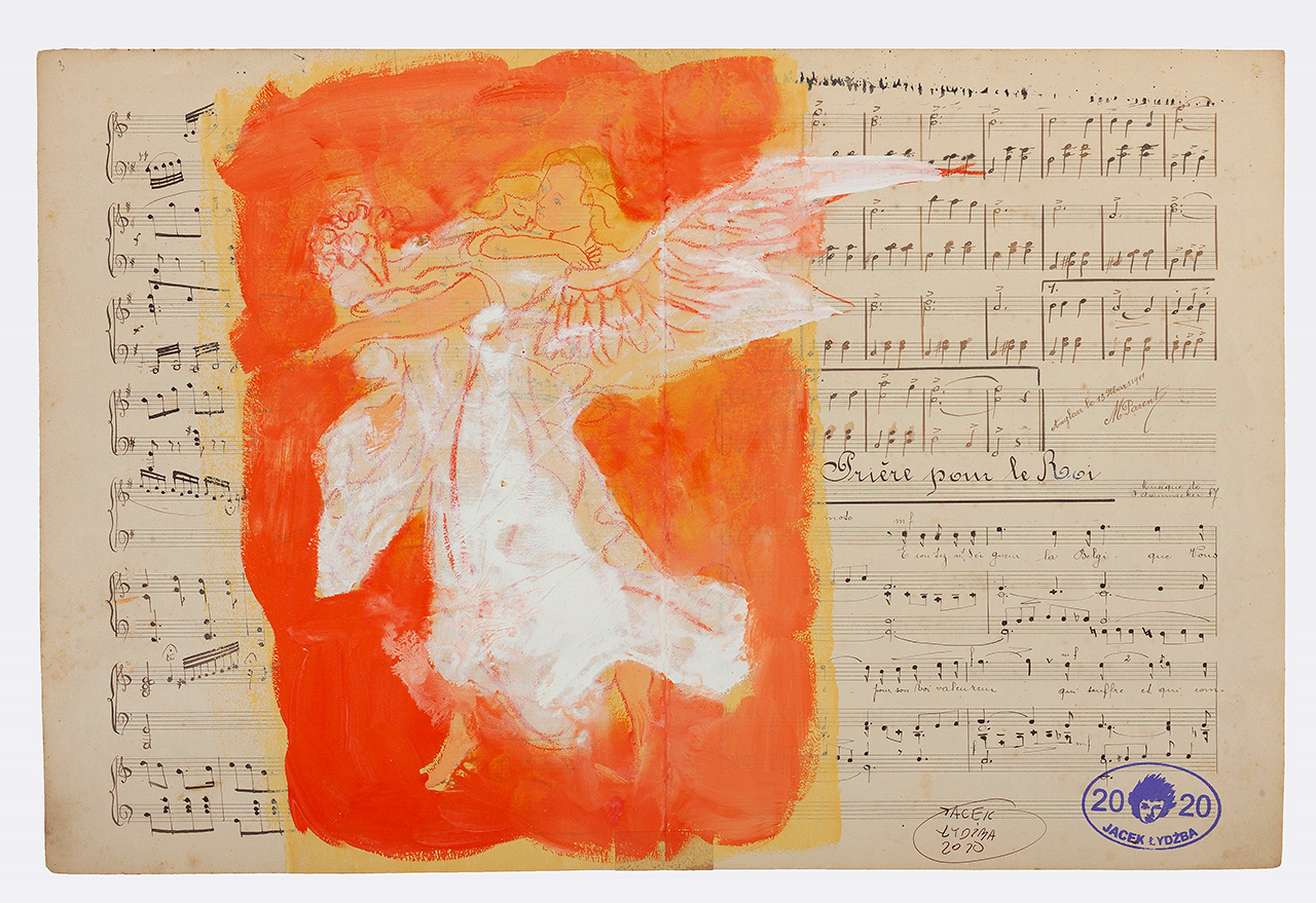 Jacek Łydżba - Guardian angel (Tempera on old music sheet | Size: 69 x 51 cm | Price: 2500 PLN)