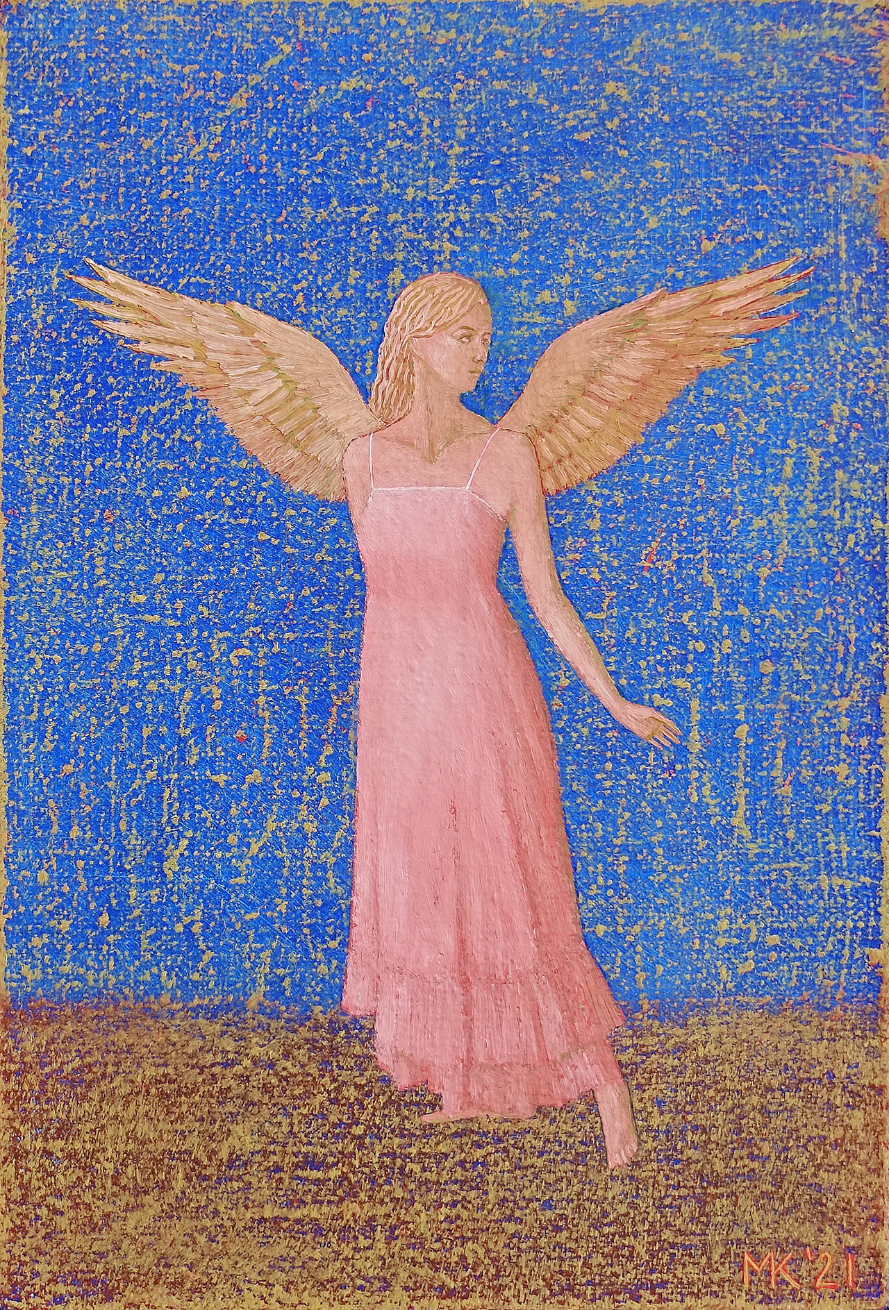 Mikołaj Kasprzyk - Angel on a blue background (Oil on Canvas | Wymiary: 24 x 33 cm | Cena: 1900 PLN)