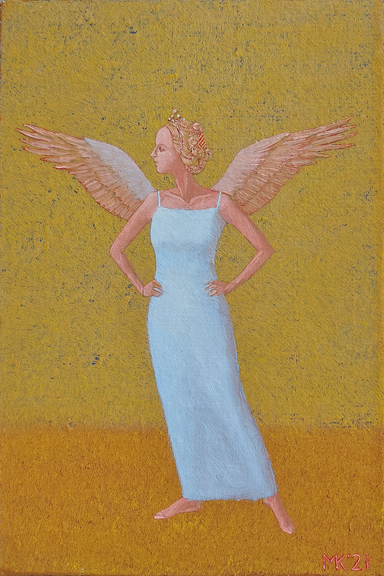Mikołaj Kasprzyk - Angel on a yellow background (Oil on Canvas | Size: 24 x 33 cm | Price: 1900 PLN)