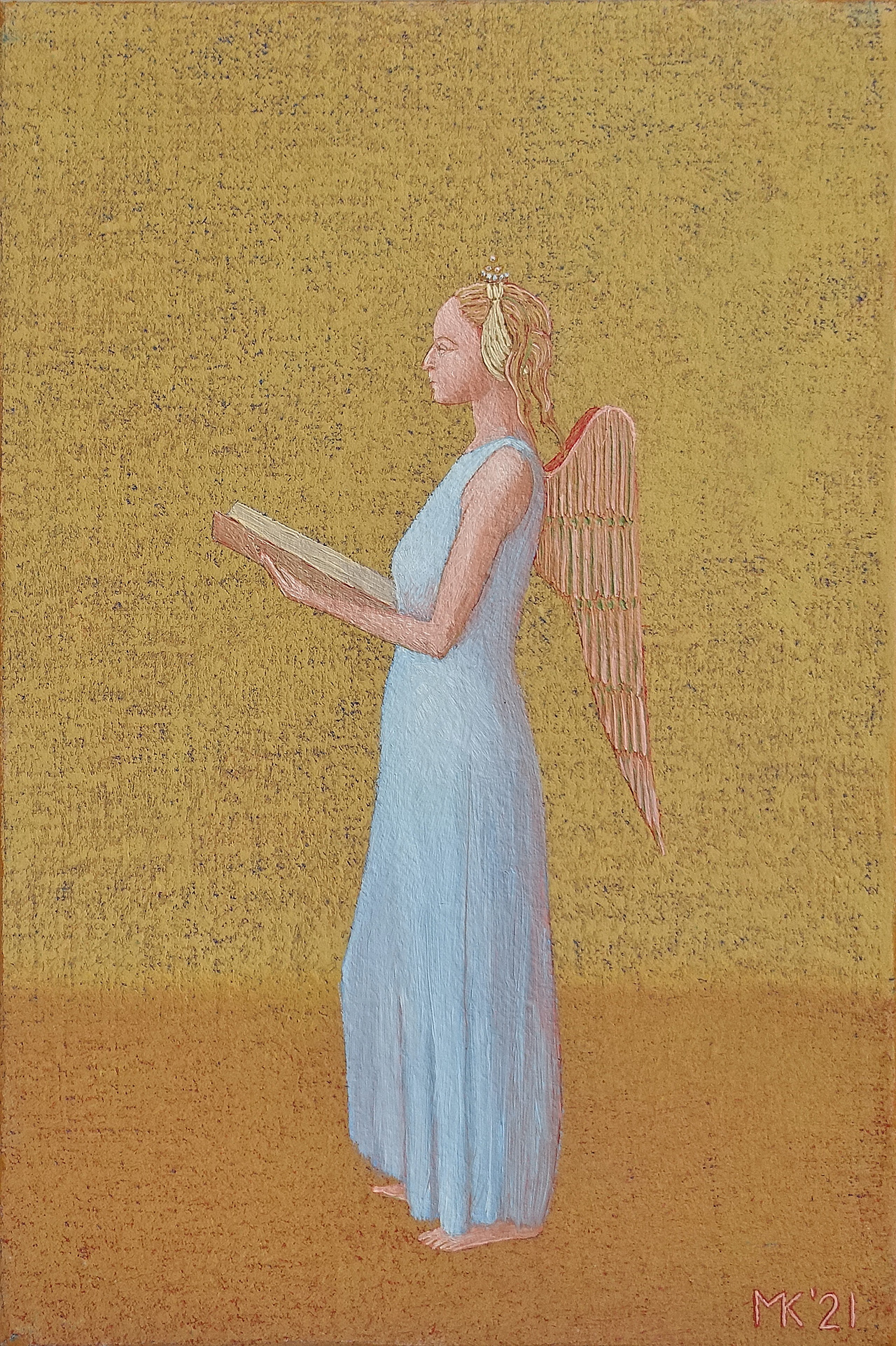 Mikołaj Kasprzyk - Angel with a book (Oil on Canvas | Size: 24 x 33 cm | Price: 1900 PLN)
