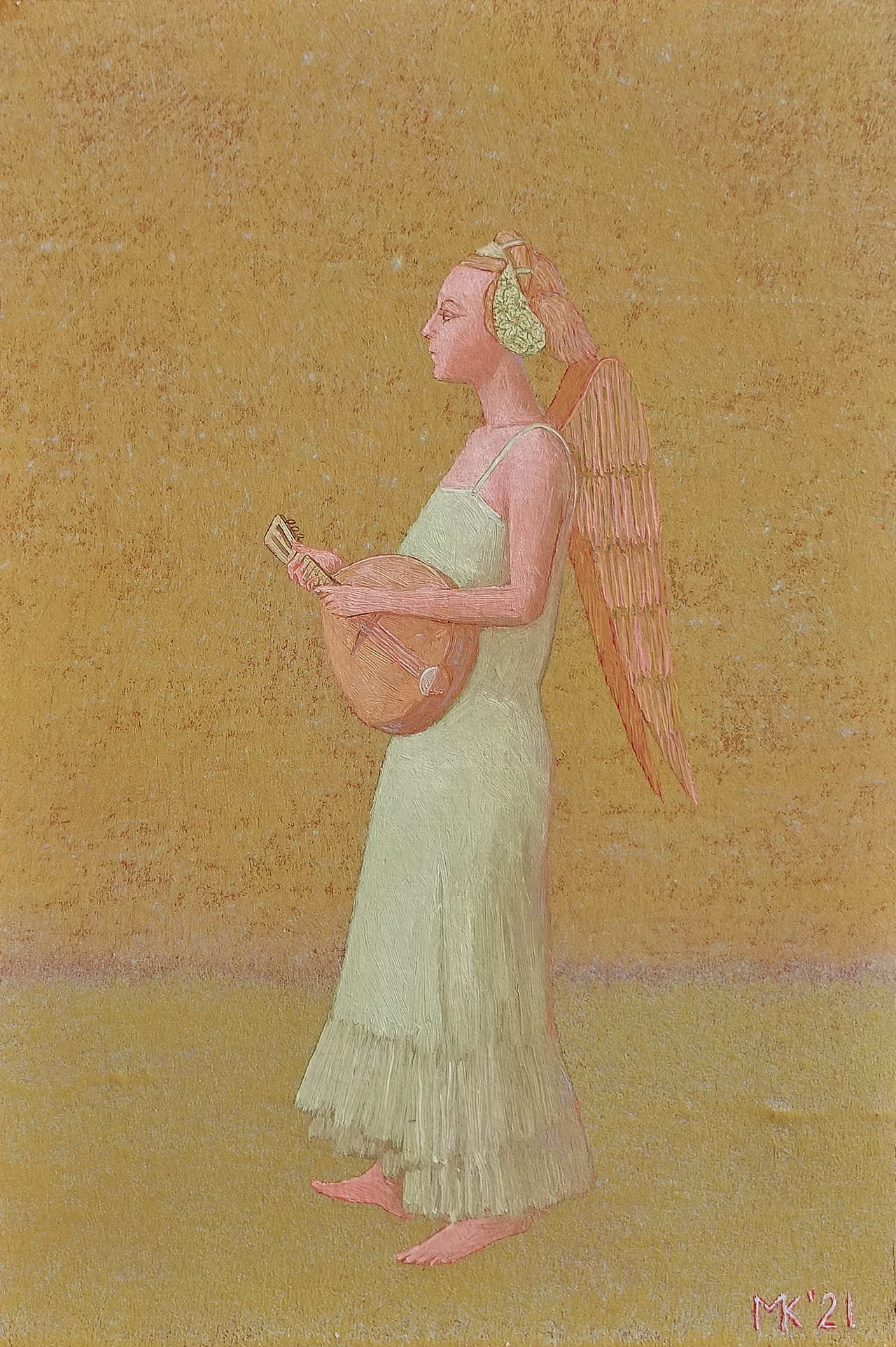 Mikołaj Kasprzyk - Angel with a lute (Oil on Canvas | Size: 24 x 33 cm | Price: 1900 PLN)
