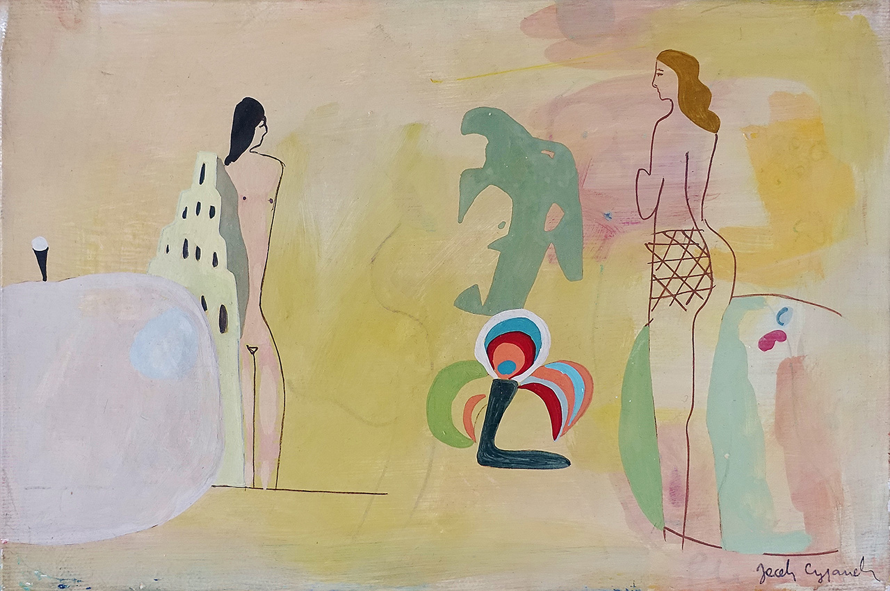 Jacek Cyganek - Two nudes and a burning bush (Tempera on canvas | Wymiary: 36 x 26 cm | Cena: 1400 PLN)