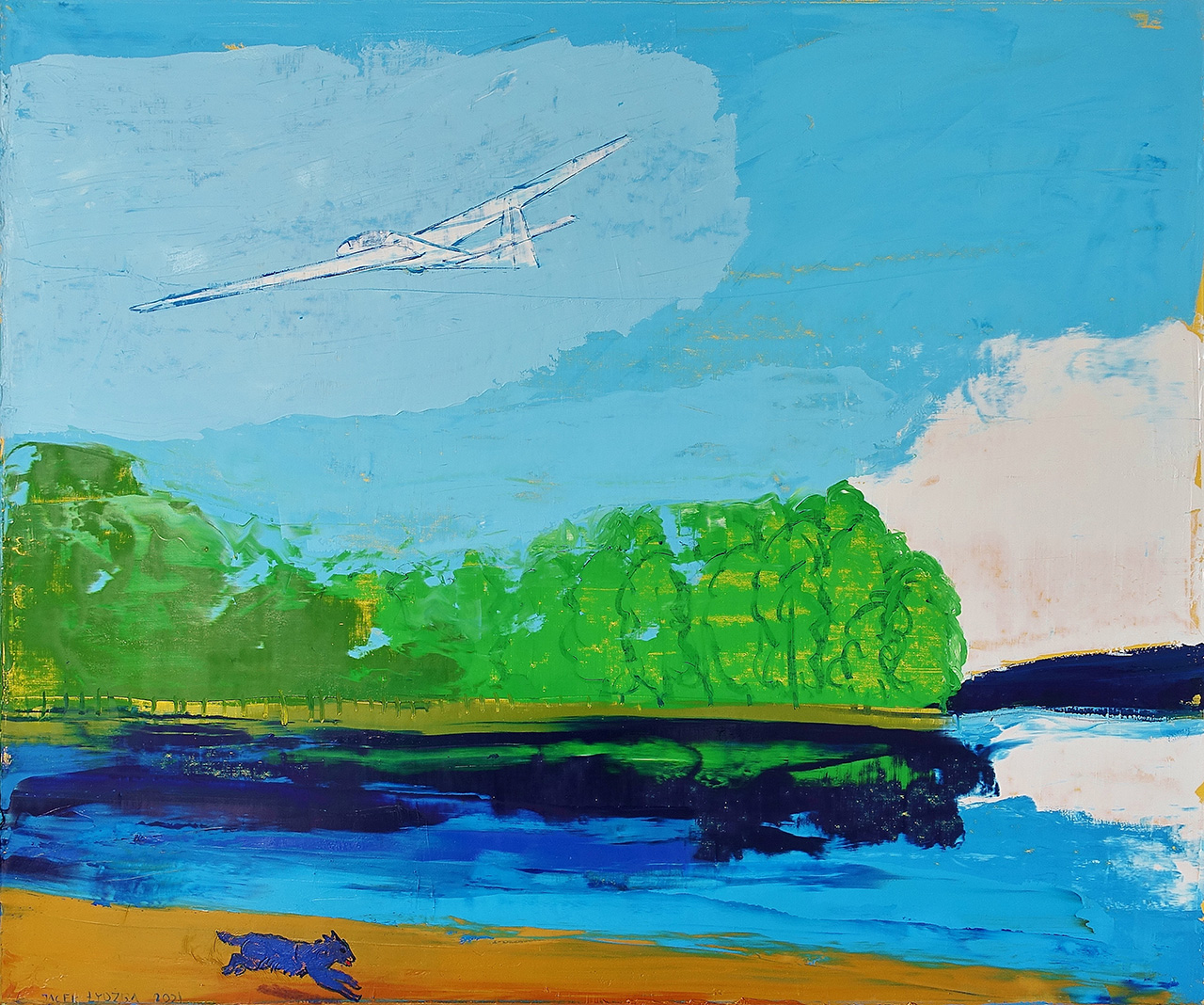 Jacek Łydżba - Landscape with a running dog (Oil on Canvas | Size: 126 x 106 cm | Price: 9000 PLN)