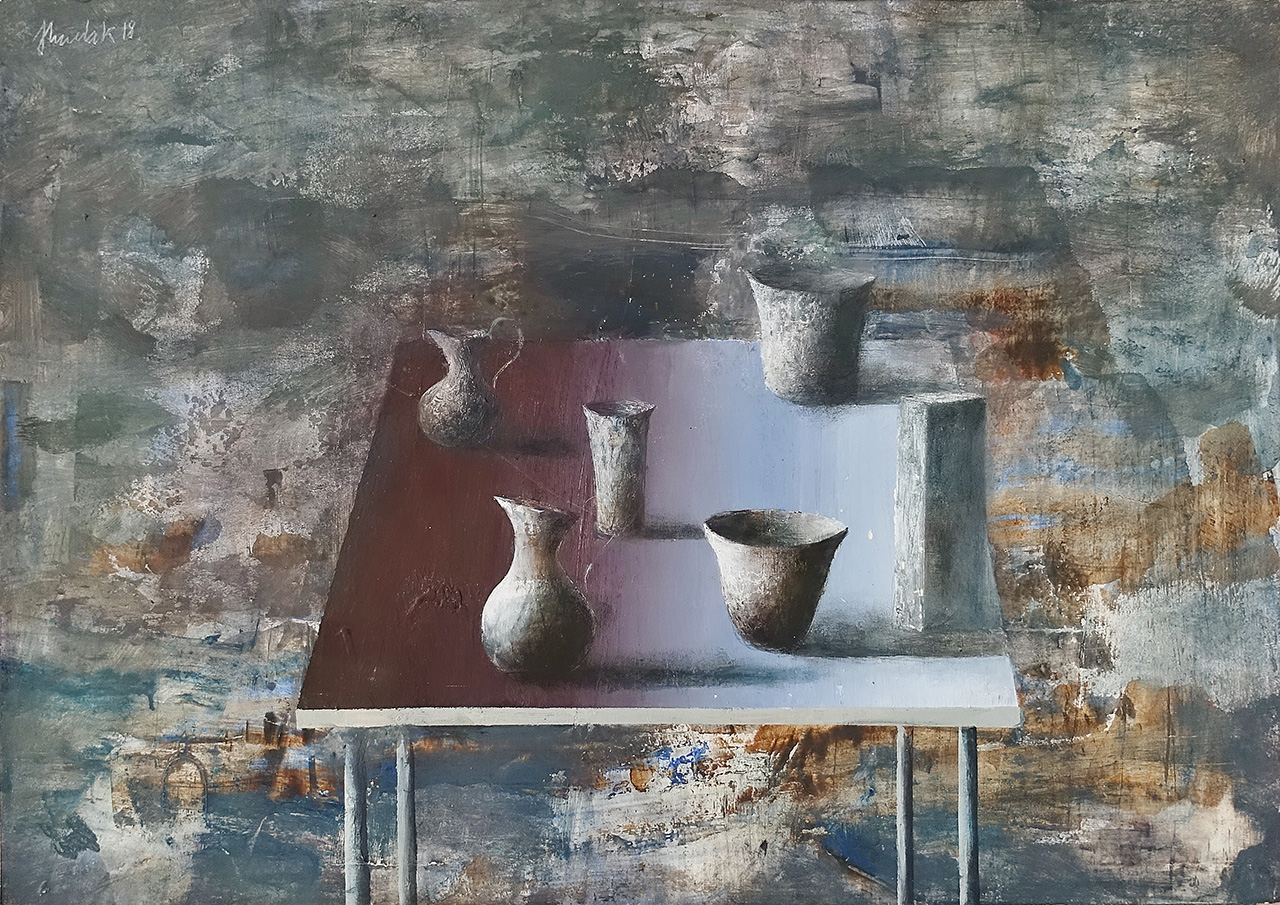 Łukasz Huculak - Still life on the table (Tempera on paper | Size: 64 x 52 cm | Price: 5500 PLN)