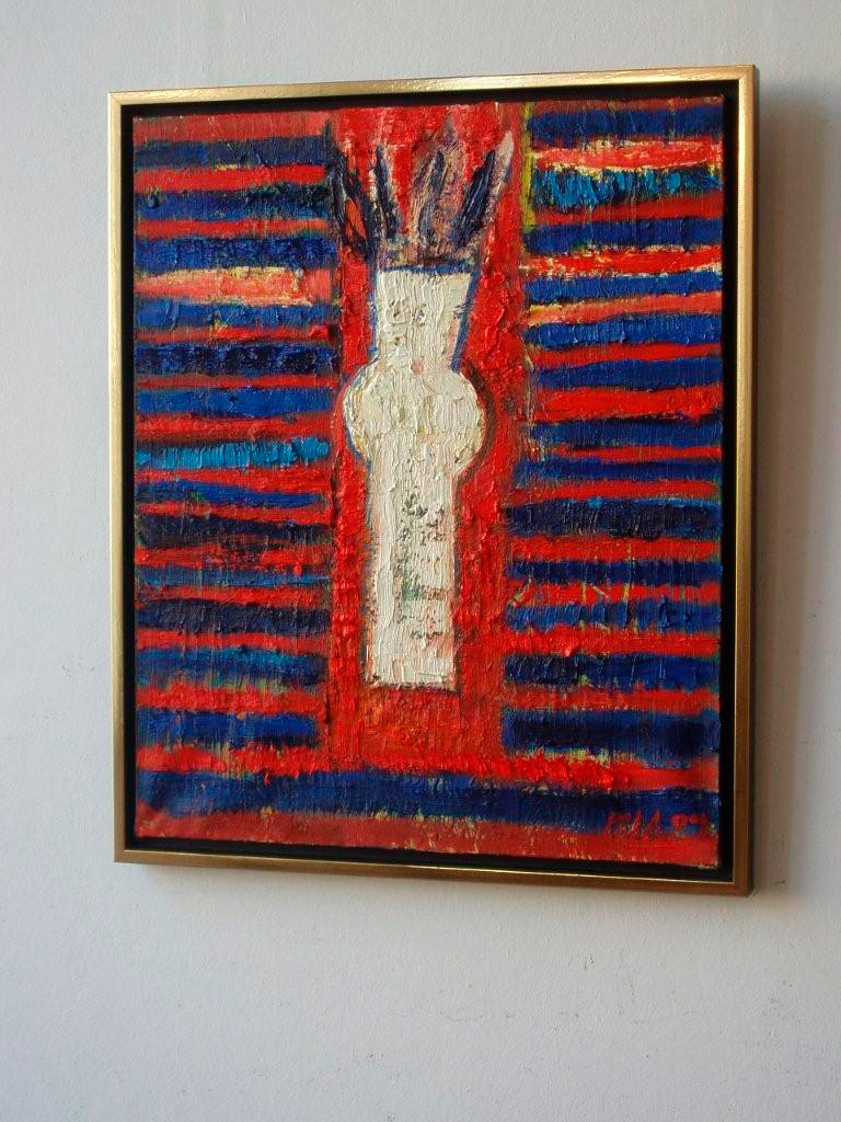 Darek Pala - White vase on red blue background (Oil on Canvas | Wymiary: 54 x 66 cm | Cena: 5300 PLN)