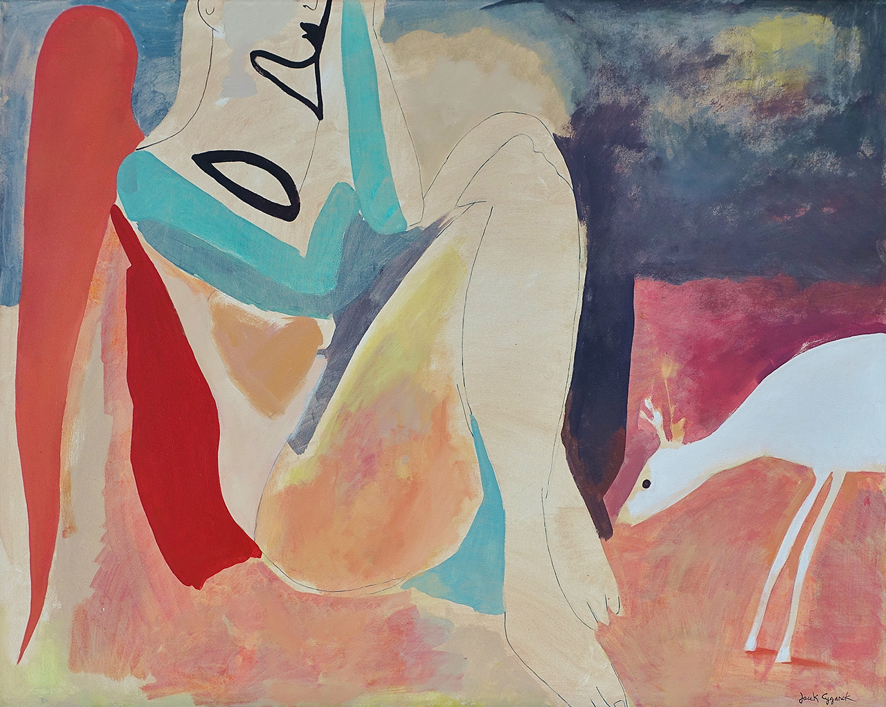 Jacek Cyganek - Angel and fallow deer (Tempera on canvas | Size: 106 x 86 cm | Price: 5500 PLN)