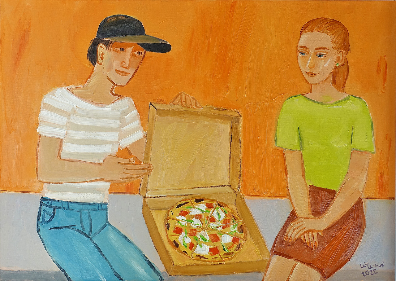 Krzysztof Kokoryn - Couple with pizza (Oil on Canvas | Wymiary: 78 x 58 cm | Cena: 7000 PLN)