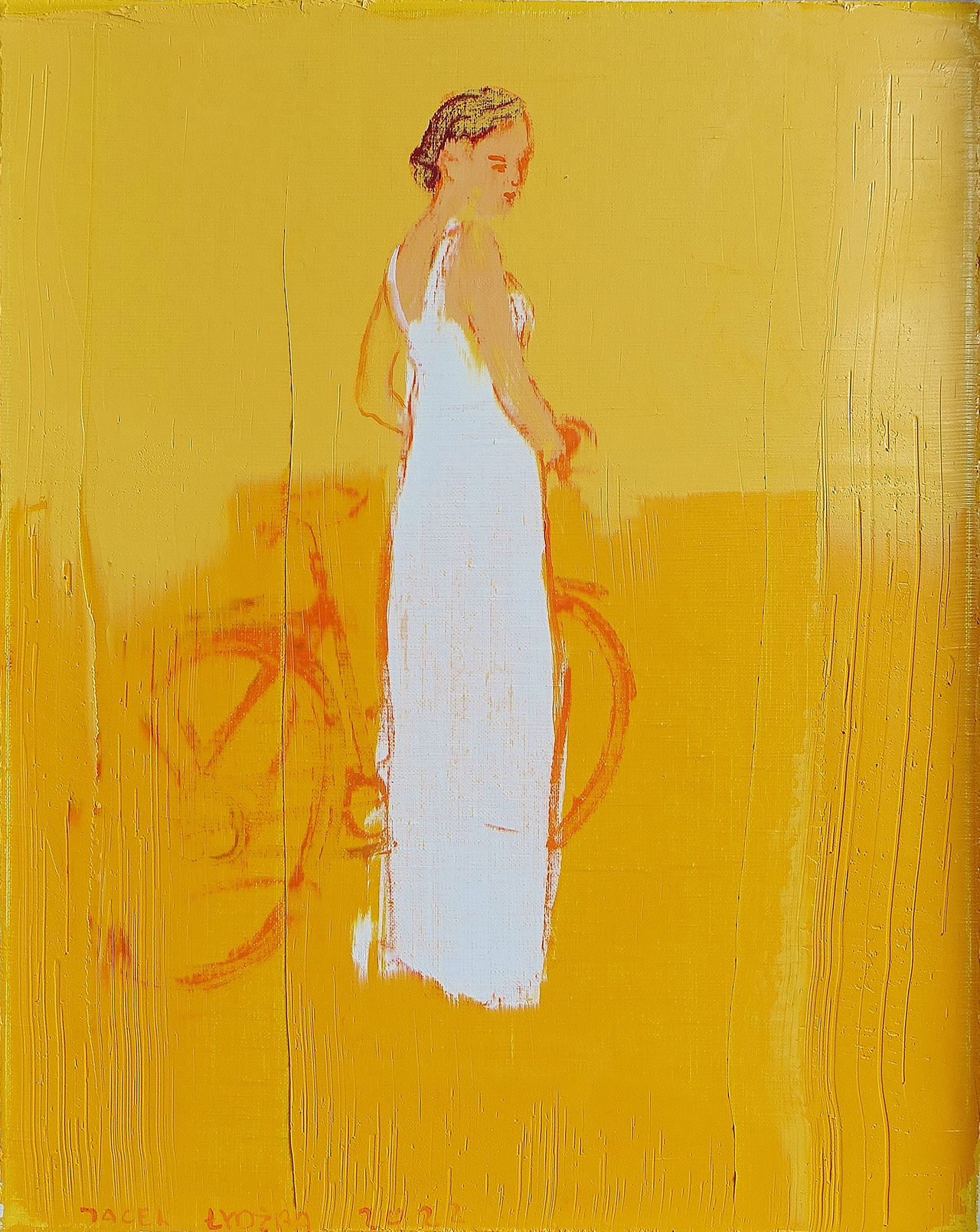 Jacek Łydżba - Cyclist in a white dress (Oil on Canvas | Size: 46 x 56 cm | Price: 4500 PLN)