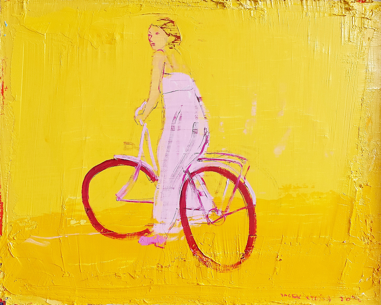 Jacek Łydżba - Cyclist pink (Oil on Canvas | Size: 56 x 46 cm | Price: 4500 PLN)