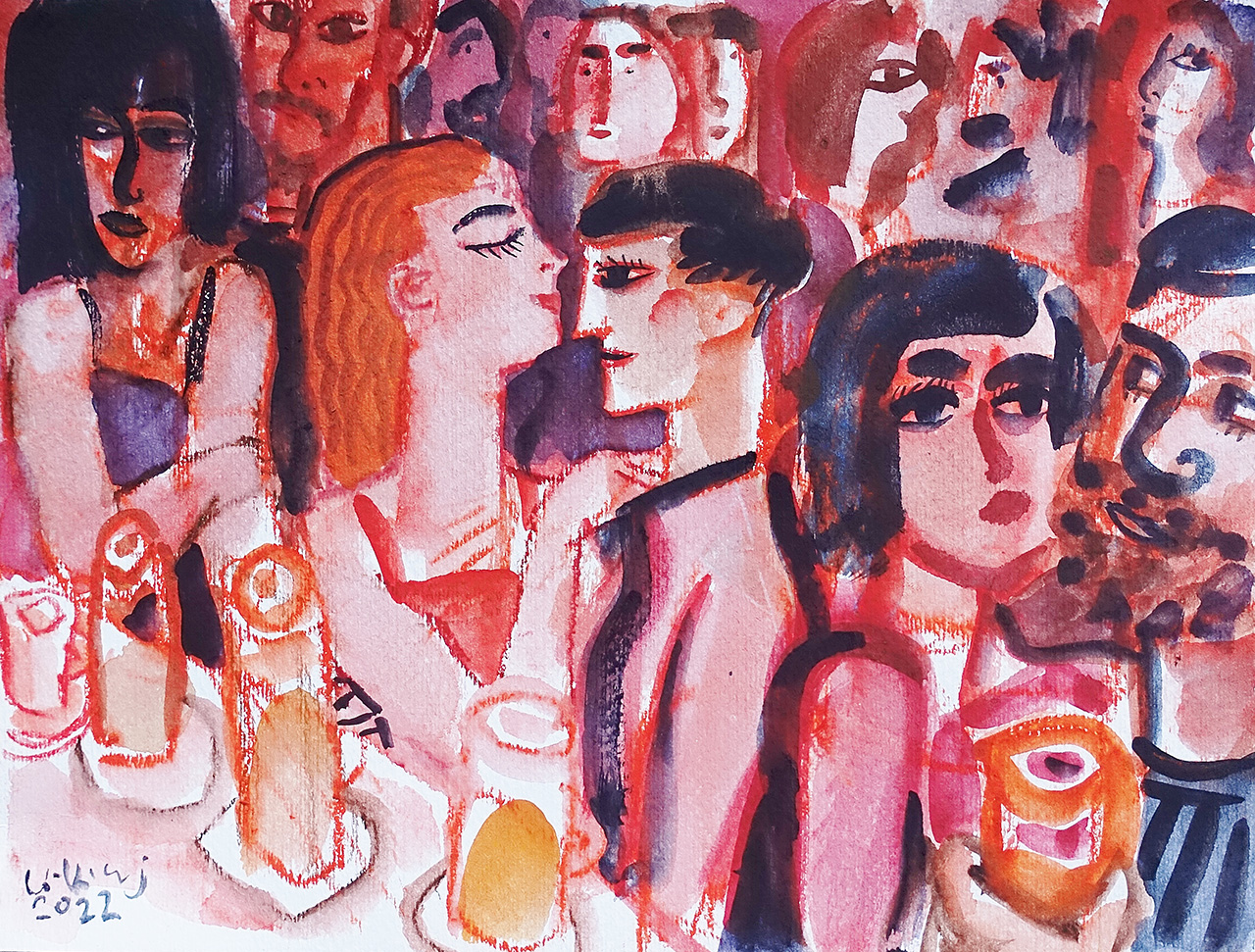 Krzysztof Kokoryn - At the bar (Tempera on paper | Size: 49 x 42 cm | Price: 2800 PLN)