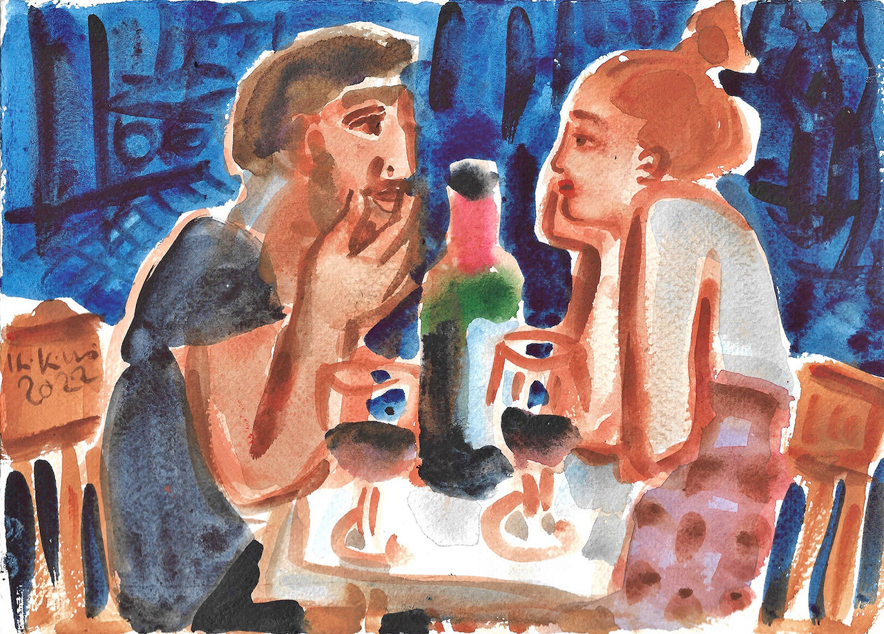 Krzysztof Kokoryn - Wino wieczorem (Watercolour on paper | Wymiary: 43 x 37 cm | Cena: 3000 PLN)